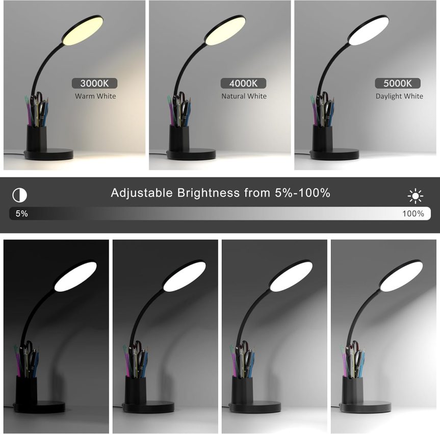 Desk Lamp, LED Desk Lamp for Home Office, Touch Table Lamp with 3 Color Modes 360° Adjustable Arm, Dimmable Desk Light with Pen Phone Holder, Black - Image 3