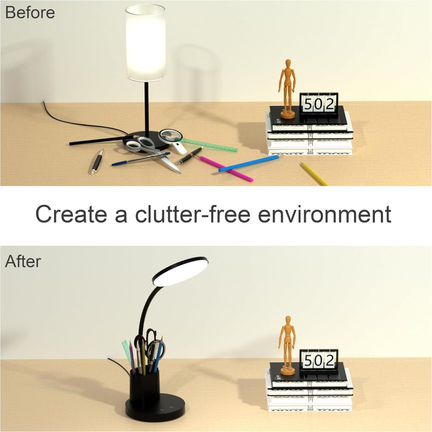 Desk Lamp, LED Desk Lamp for Home Office, Touch Table Lamp with 3 Color Modes 360° Adjustable Arm, Dimmable Desk Light with Pen Phone Holder, Black - Image 5