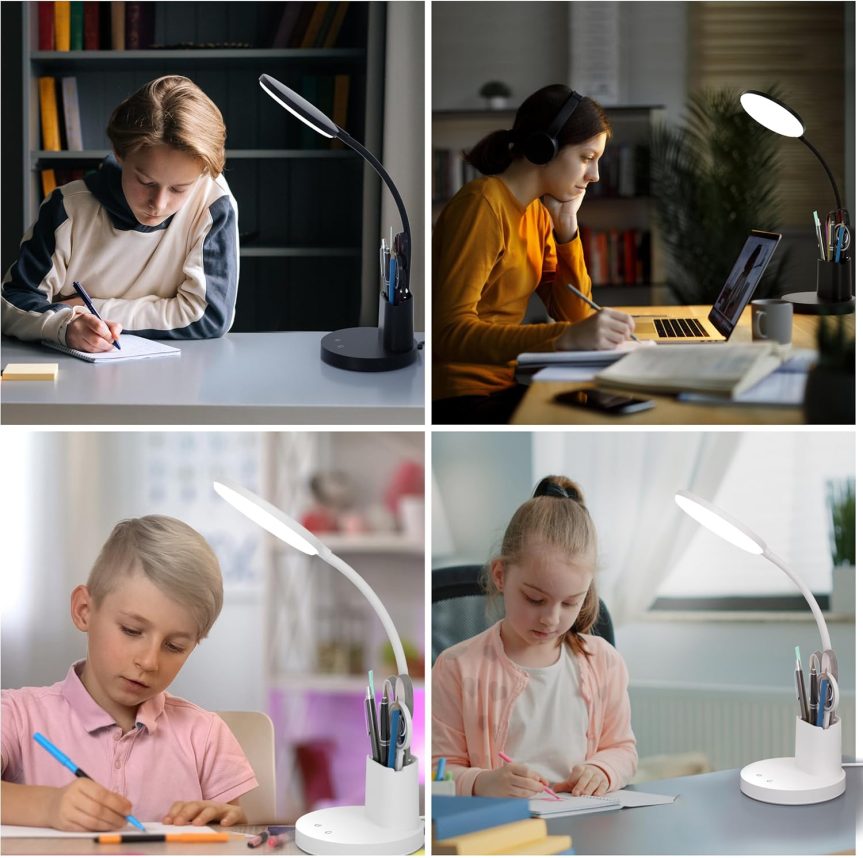 Desk Lamp, LED Desk Lamp for Home Office, Touch Table Lamp with 3 Color Modes 360° Adjustable Arm, Dimmable Desk Light with Pen Phone Holder, Black - Image 6