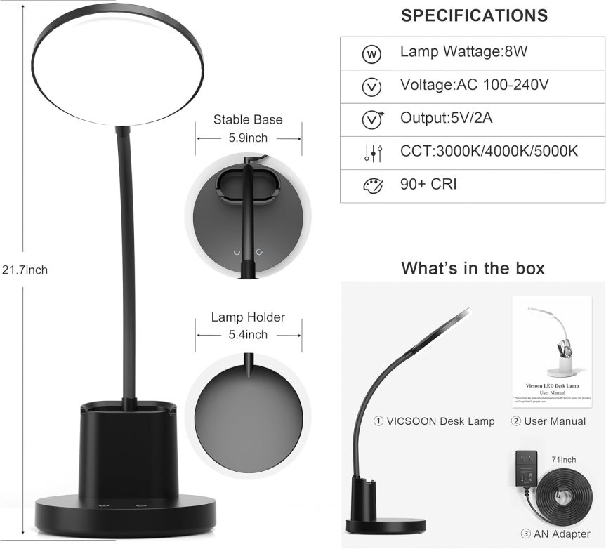 Desk Lamp, LED Desk Lamp for Home Office, Touch Table Lamp with 3 Color Modes 360° Adjustable Arm, Dimmable Desk Light with Pen Phone Holder, Black - Image 7