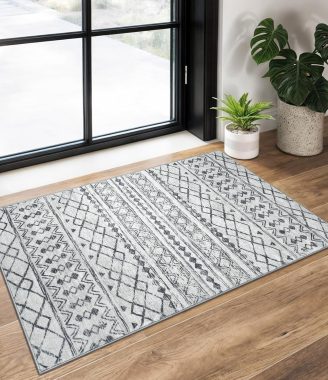 KUTA Moroccan Rugs for Entryway, 2x3 Grey Washable Small Area Rug, Non-Slip Ultra Soft Vintage Geometric Low-Pile Indoor Door Mat Floor Carpet for Indoor, Entrance, Kitchen