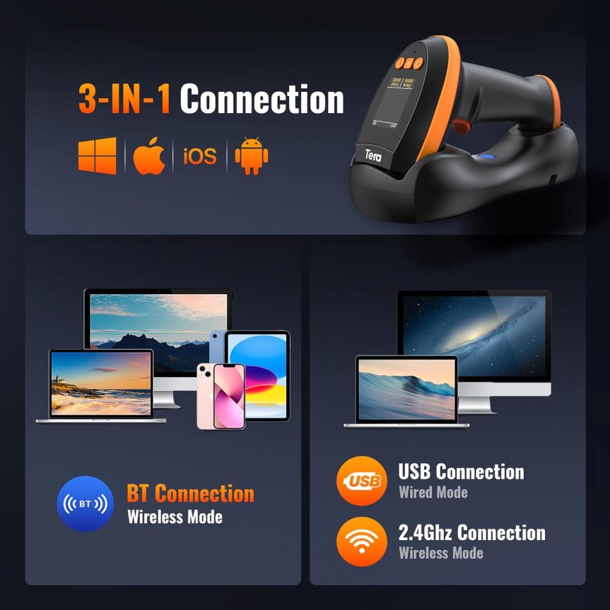 Tera Barcode Scanner Wireless with Screen: Pro Version 1D 2D QR with Setting Keypad Charging Cradle Works with Bluetooth 2.4G Wireless USB Wired Handheld Bar Code Reader HW0009 - Image 5